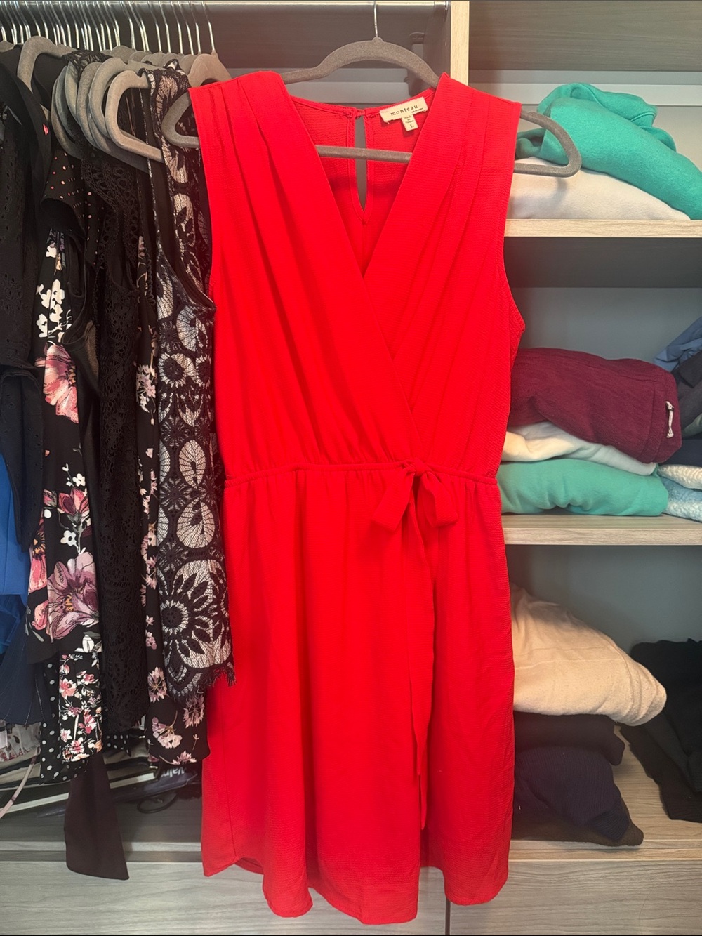 Monteau Bright Red Sleeveless Wrap Midi Dress